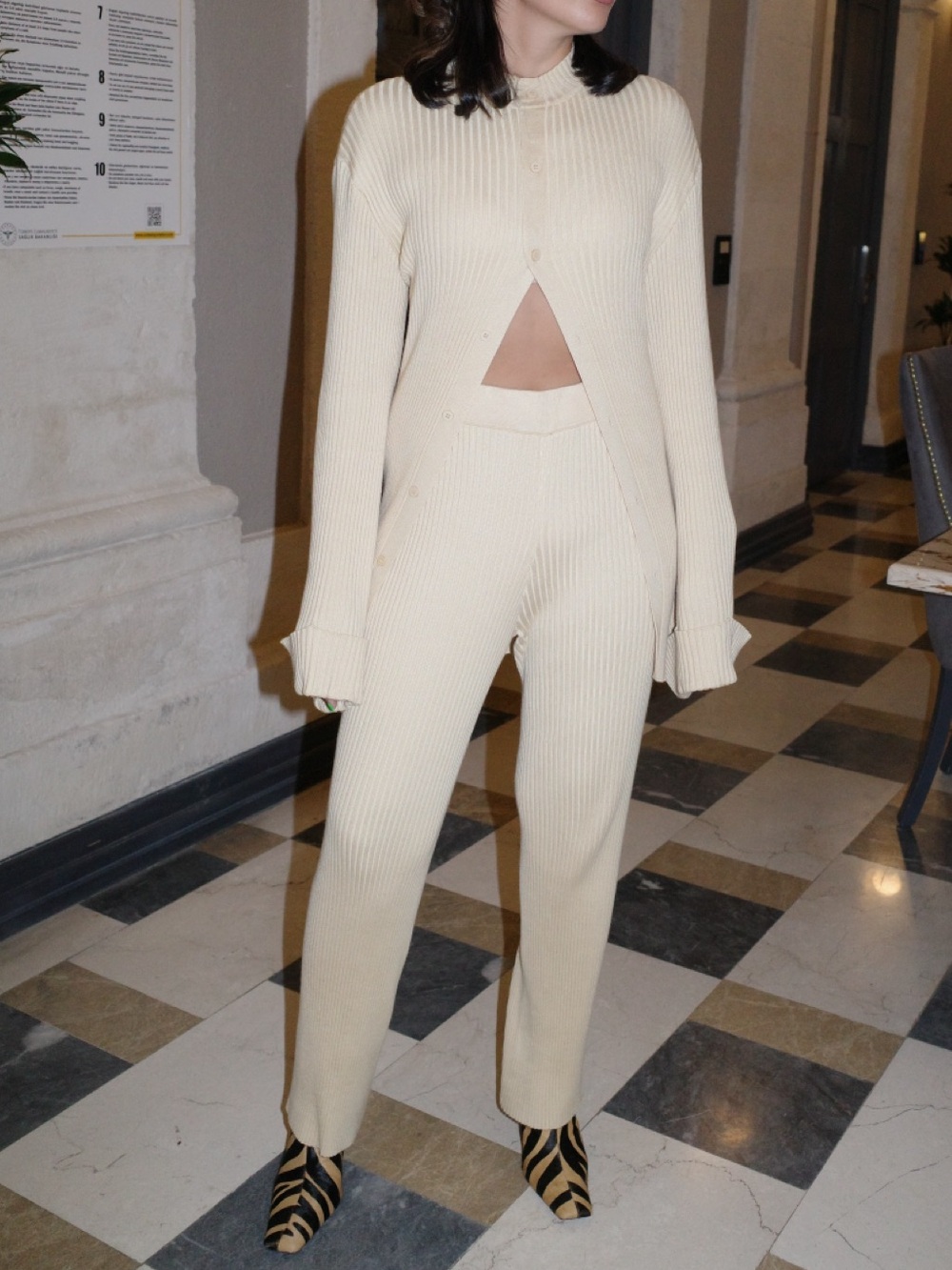 Set (Cardigan + Pants) NA-KD Beige Ribbed Knit Button-Front Cardigan & Pants Set